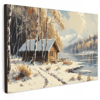 MuchoWow Leinwandbild Winter - Schnee - Zuhause - Natur XXL 150x100 cm , Hellbraun , Textil , Kiefer , Rechteckig , 150x100 cm , FSC 100% , gerahmt , Bilder & Rahmen, Bilder, Leinwandbilder