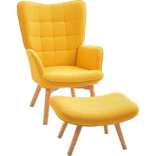 Ohrensessel mit Hocker, Relaxsessel, Polstersessel in Kordoptik, Loungesessel, Armlehnstuhl mit Holzbeine, Fernsehsessel für Wohnzimmer, Orange - Gelb