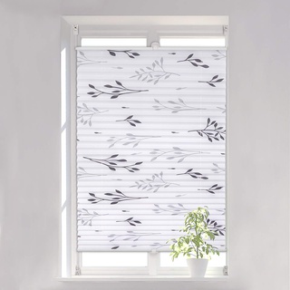 Woltu Plissee Faltrollo Klemmfix ohne Bohren 80x130 cm Grau, Plisseerollo Easyfix mit Klemmträger, Fensterrollo mit Zweigmotiv Blickdicht Sichtschutz Sonnenschutz, Jalousie Rollo für Tür & Fenster