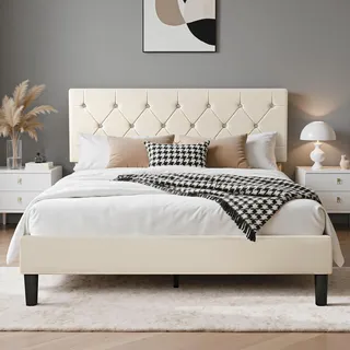 VECELO Doppelbett, gepolstert, 140 x 190 cm, Lattenständer aus robustem Holz, Veloursstoff, einfach zu montieren, Grau