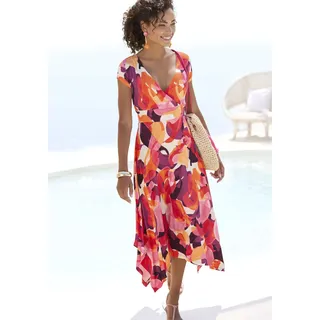 Midikleid VIVANCE, Damen, Gr. 40, N-Gr, bunt (rot, lila, pink bedruckt), Jersey, Obermaterial: 95% Viskose, 5% Elasthan, bedruckt, figurumspielend kniebedeckend, V-Ausschnitt, Kleider Midikleid, mit Alloverdruck, luftiges Sommerkleid in Wickeloptik, Strandkleid, Topseller