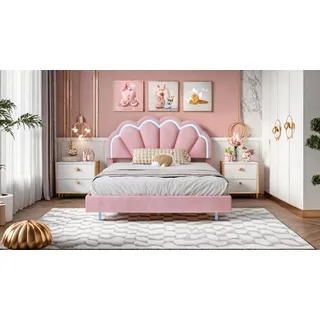 Gepolstertes Kinderbett 140 x 200 cm, Doppelbettgestell mit rosa Kronenmuster aus Kunstleder mit LED-Beleuchtung, Lattenrost und Rückenlehne (Matratze nicht im Lieferumfang enthalten) - Rosa