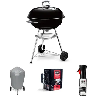 Weber Compact Kettle Holzkohlegrill, Ø 57cm Grillfäche, BBQ Grill mit porzellanemaillierten Deckel & Kessel, Dreibein-Ständer & Räder, verchromter Grillrost - Schwarz (1321004)