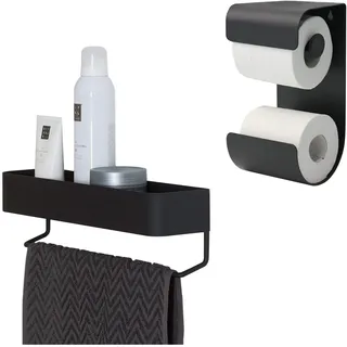 Sealskin Brix Toilettenpapierhalter mit integriertem Reserverollenhalter, Metall, Farbe: Schwarz + Brix Handtuchreck mit Ablage, Handtuchhalter aus Metall, Farbe: Schwarz