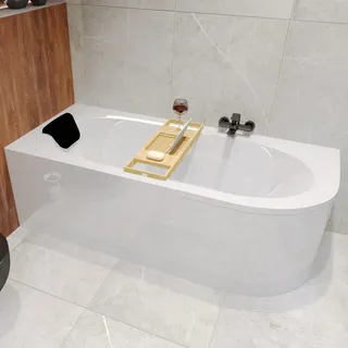 BADLAND Eckbadewanne Rechteck Badewanne Avita LINKS 160x75 mit Ablaufgarnitur und Füßen + Bambus Badewannenablage | BADLAND AVITA