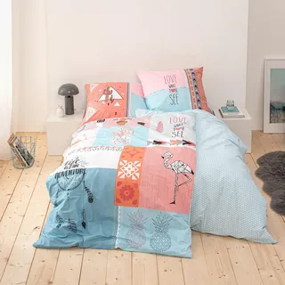 MTOnlinehandel TRAUMHELDEN Bettwäsche 135x200 Boho Chic Summer Vibes Traumfänger, Flamingo, Kaktus, Ananas, 1 Kissenbezug 80x80 cm + 1 Bettbezug 135x200, Teenager-Bettwäsche