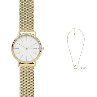 Skagen Damen Signatur Lille Goldfarbene Edelstahl Uhr und Goldfarbener Geschenkset