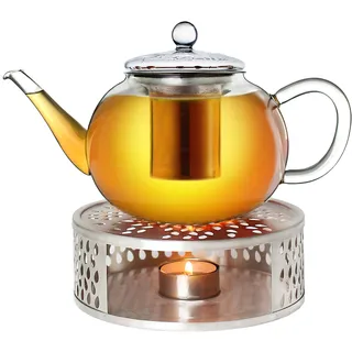 Creano Teekanne aus Glas 1,2l + EIN Stövchen aus Edelstahl, 3-teilige Glasteekanne mit integriertem Edelstahl Sieb und Glasdeckel, ideal zur Zubereitung von losen Tees, tropffrei