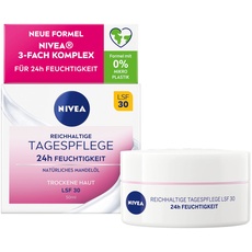 NIVEA Reichhaltige Tagespflege 24h Feuchtigkeit (50 ml), Gesichtscreme für trockene Haut mit LSF 30, feuchtigkeitsspendende Tagescreme mit natürlichem Mandelöl