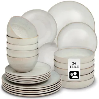 tectake® 24-teiliges Tafelservice 6 Personen, Steingut Geschirrset 6 Personen, handgefertigtes Teller Set mit Schüsseln, Geschirr Set spülmaschinen- und mikrowellengeeignet - North Beach