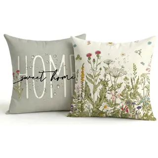 2er Set Wasserdichter Outdoor Kissenbezug 50x50 Grau, Grünpflanzen Design Gartenkissen, Sommer Modern Dekokissen, Doppelseitig & Muster, Leinen-Polyester für Balkon Garten Sofa Couch Wohnzimmer