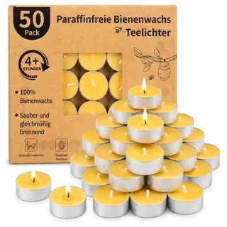 LETINE 50 Stück Bienenwachs Teelichter Kerzen, 4 Stunden, Duftfrei