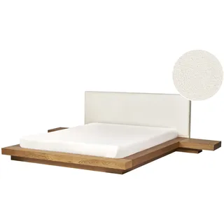 BELIANI Bett Naturfarbene Esche Bouclé u. MDF-Platte mit Lattenrost 160x200 cm 2 Nachttische Hohes Kopfteil Japanischer Stil Plattform-Bett Futonbett - Braun, Weiß