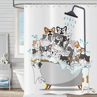 Duschvorhang Lustig 120x200, Hnmdmyi Cartoon Tier Katze und Hund Kinder Duschvorhänge Bunte Liebenswert Urkomisch Haustiere Badewanne Vorhang Wasserdicht Polyester Stoff Waschbar Badevorhang mit Haken