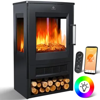 KESSER® Elektrokamin Panorama-Sichtfenster 900/1800W, 9 LED-Flammenmodi, WiFi App & Thermostat - Schwarz