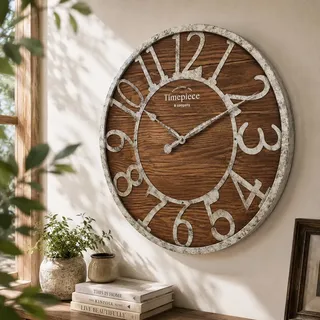 K&L Wall Art 50cm große Vintage Wanduhr industrielle Landhaus Wanduhren Holz-Metalloptik Silber ohne Tickgeräusche
