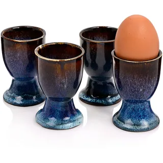 Sänger Eierbecher Tokio 4 tlg, Eierhalter 4 Personen, Steingut Eier Becher | Set, Erweiterung Frühstücksset, Eggcup Spülmaschinenfest, Eier Cup Blau-Schwarz mit Braunen Akzenten