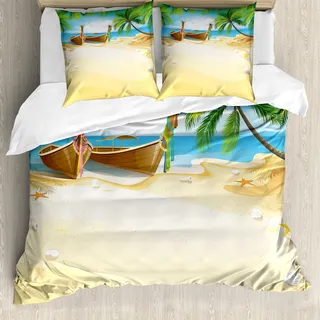 ABAKUHAUS Strand Bettbezug, Paradise Island Tropical, Milbensicher Allergiker geeignet mit Kissenbezügen, 200 cm x 200 cm - 80 x 80 cm, Mehrfarbig