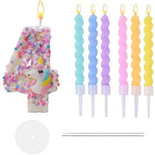 BOBOZHONG Geburtstagskerzen mit Zahl 4,Einhorn Zahlenkerze mit 6 Regenbogen-Spiralkerzen,Geburtstagsparty-Zubehör,Glitzer-Pailletten,für Baby, Mädchen,Jungen,Geburtstag,Einhorn-Mottoparty