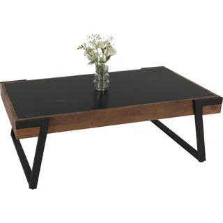 Couchtisch HWC-L89, Sofatisch Wohnzimmertisch, Eisen 43x120x64cm Sinterstein Marmor-Optik schwarz Holz dunkelbraun - Schwarz