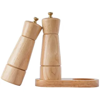 DeroTeno Salz- und Pfeffermühlenset mit Mühlenuntersetzer, Verstellbare Keramikmahlwerk Salzmühle, Edelstahlmahlwerk Pfeffermühle, Gummiholz, 16,5 cm Höhe, Boden DIA 5cm