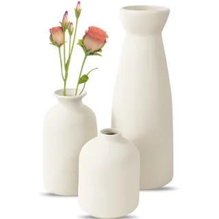 Keramik Vasen-Set of 3 Kleine Vasen Deko Weiße Blumenvasen Modern Rustikale Bauernhaus Home Decor Keramikvase,Dekorative für Pampasgras Grass&getrocknete Blumen (Reis Weiß)