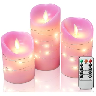 SUBOSI 3er Rosa Led Kerzen mit Timerfunktion,Led Kerzen Flackernde Flamme,Echtes Wachs Led Teelichter set(4" 5" 6"),Led Teelichter mit eingebetteter Lichterkette und 10 Tasten Fernbedienung