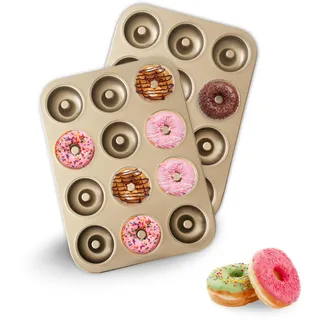 JSJMOFA 2 Stück Donuts Backform mit 12 Mulden, Donutform mit Antihaftbeschichtung, Hochwertige Donut Backform für Donut, Kuchen, Bagels, Dessert (Gold)