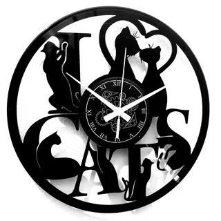 Instant Karma Clocks | Katzen Design Wanduhr aus Musik-Schallplatte – I Love Cats Motiv | Geräuschlosem Quarzwerk | Geschenkidee für Küche, Schlafzimmer, Wohnzimmer