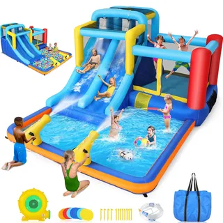akeydiy Aufblasbare Wasserrutsche Hüpfburg mit Gebläse für Kinder 3-12 Jahre, Trocken-/Wasserrutsche, Wasserpark mit Doppelrutsche, Planschbecken & Schwimmbecken, Basketballkorb, Wasserkanone