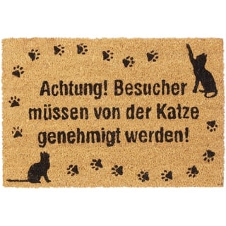 Relaxdays Fußmatte Kokos, lustige Schmutzfangmatte, Katzenmotiv, Türvorleger innen & außen, Kokosmatte 40x60 cm, Natur