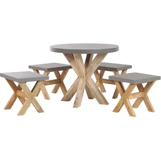 BELIANI Gartenset Tisch rund 90 cm und 4 Hocker Faserzement Akazienholz-Gestell rustiklaler Look Gartenausstattung Gartenmöbel Garten und Terrasse - Grau, Braun