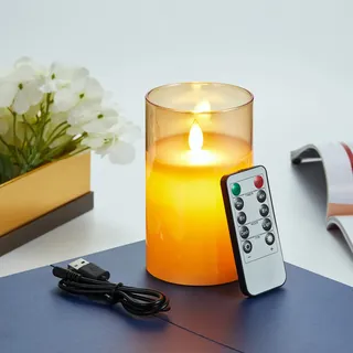 LED Kerzen, Wiederaufladbar LED Kerzen mit Glas, Halloween Kerzen, LED Kerzen mit Fernbedienung, Flammenlose Flackern Kerzen, Outdoor LED Kerzen mit Timer 15cm, USB Ladekabel Inbegriffen-Braun