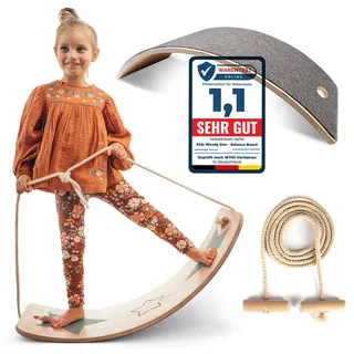 Kids Woody Star® Balance Board Kinder Holz 80x30cm [EXTRA Seil+Filz+Anti-Rutsch] Montessori Spielzeug ab 3 Jahre | Wackelbrett Balancierbrett | Balancieren Kinder Holzspielzeug | Balance-Board