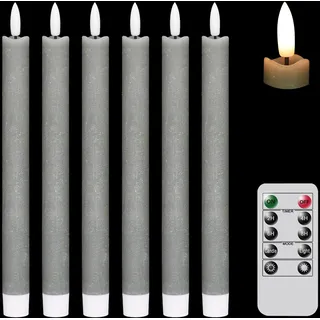 Eldnacele Graue flackernde LED Stabkerzen mit 10-Tasten-Fernbedienung, batteriebetriebene 24,5cm elektronische Kerzen aus echtem Wachs für Weihnachts-, Zuhause- und Hochzeitsdekoration (6er Pack)