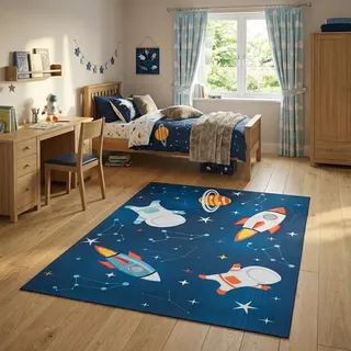 TAPISO Snooki Kinderteppich Weltraum Rakete Blau rutschfest 300 x 400 cm | Kinder Teppich Strapazierfähig Pflegeleicht weich Deko OEKO-TEX