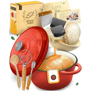 KRUSTENZAUBER Gusseisen Topf Brot Backen emailliert im XXL Set - Brotbackform mit Deckel inkl Gärkorb, Schneebesen, Bäckermesser, Teigschaber, Brotschlinge etc. Perfektes Brotbacktopf Set für Anfänger