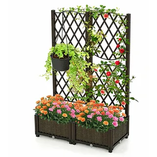 HOMASIS Blumenkasten mit Rankgitter, Pflanzenkasten mit Spalier & Selbstbewässerung, Pflanzkübel Gartenspalier für Kletterpflanzen, Rankkasten Hochbeet für Balkon Garten Terrasse (Braun, 80x40x122cm)