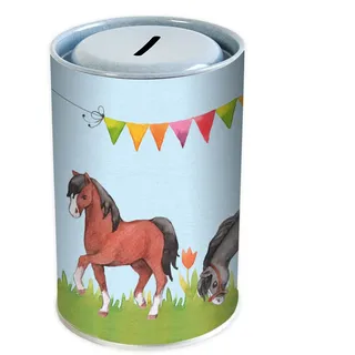 Spardose Pferd I Für Kinder I Sparschbünchse Blechdose mit Pferden für Mädchen I Prima Geschenkidee zu Geburtstag, Einschulung und Anderen Anlässen