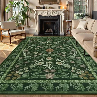 Edlbaegy Teppich Wohnzimmer Grün 160x230cm Waschbarer Teppich Blumenmuster Rutschfester Teppiche Schlafzimmer Vintage Wohnzimmerteppich für Esszimmer Büro Küche Spielzimmer
