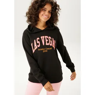 Sweatshirt ANISTON CASUAL, Damen, Gr. 38, bunt (schwarz, rosa, orange), angeraute Sweatware, Obermaterial: 80% Baumwolle, 20% Polyester. Kapuzenfutter: 80% Baumwolle, 20% Polyester, bedruckt, bestickt, lässig geschnitten hüftbedeckend, Rippbündchen, Sweatshirts Sweatshirt, mit aufgestickter "LAS VEGAS"-Applikation, Topseller
