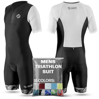 SLS3 Triathlon Anzug Herren - Trisuit Einteiler – Triathlonanzug - Triathlon Einteiler - Aerodynamischer Kurzarm Trisuit, (Black/White Geo, M)