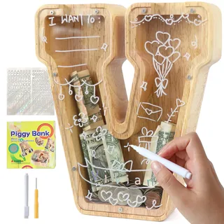 Lakpopya Spardose Kinder Jungen, Personalisiert Holz A-Z Sparschwein | Durchsichtig Buchstabe A-Z Sparbüchse für Kinder Mädchen Erwachsene mit Aufklebern und Filzstift, Taufe Geschenk Dekoration