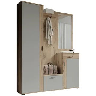 Carryhome Garderobe , Grau, Eichefarben , Holzwerkstoff , 6-teilig , 1 Schublade(n) Schubladen , 145x184x29 cm , stehend , Garderobe, Garderoben-Sets & Garderoben-Serien, Garderoben-Sets