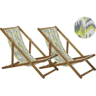 BELIANI Liegestuhl 2er Set Hellbraun Akazienholz mit Gelb-Grauem Bezug Klappbar Zick Zack Muster Gartenausstattung Gartenzubehör Modern - Bunt, Weiß, Grau, Gelb, Braun
