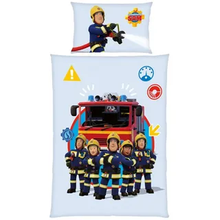 MTOnlinehandel Feuerwehrmann Sam Kinder-Bettwäsche-Set | 100x135 cm Deckenbezug + 40x60 cm Kissenbezug | Atmungsaktive Baumwolle | Mit Reißverschluss | Feuerwehr Crew Pontypandy in Blau | Geschenkidee Kinder