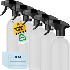 lippus Leere Sprühflaschen [5 STÜCK] Set 500ml + beschriftbare Etiketten - rPET (recycelt) – 3-Modi Sprühköpfe – Extra stabil und langlebig - Ideal für Reinigungsmittel, Blumen- und Pflanzensprüher