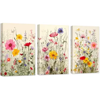 ZXHYWYM Blumenbilder Set mit 3 Aquarell Wildblumengemälden bunte Blumen Wanddekoration botanische Leinwanddrucke für Mädchenzimmerdekoration mit Rahmen (B (28x35cmx3))