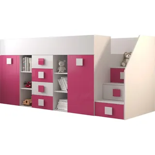 Etagenbett für Kinder Toledo 3 Stockbett mit Treppe, Schreibtisch, Bettkasten (Weiß/Weiß Glanz + Rosa Glanz, Seite: Rechts) - Weiß, Rosa