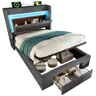 Modfu Polsterbett aus Leinen 90x200 cm in Grau mit LED & USB-C-Ladefunktion , Textil , 90x200 cm , Schlafzimmer, Betten, Polsterbetten
